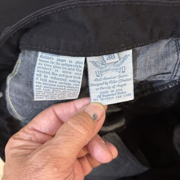 Robin Jeans Men Robins Vintage Long Flap Pockets Swarovski Crystals Black 38X34 - Picture 11 of 12